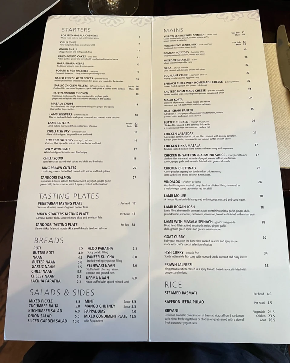 Menu, Balti Indian Restaurant
