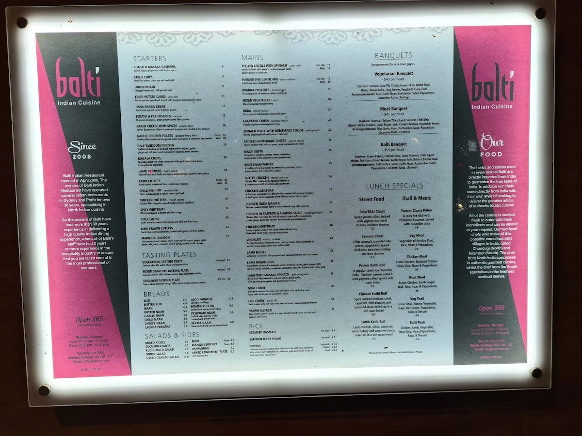 Menu, Balti Indian Restaurant