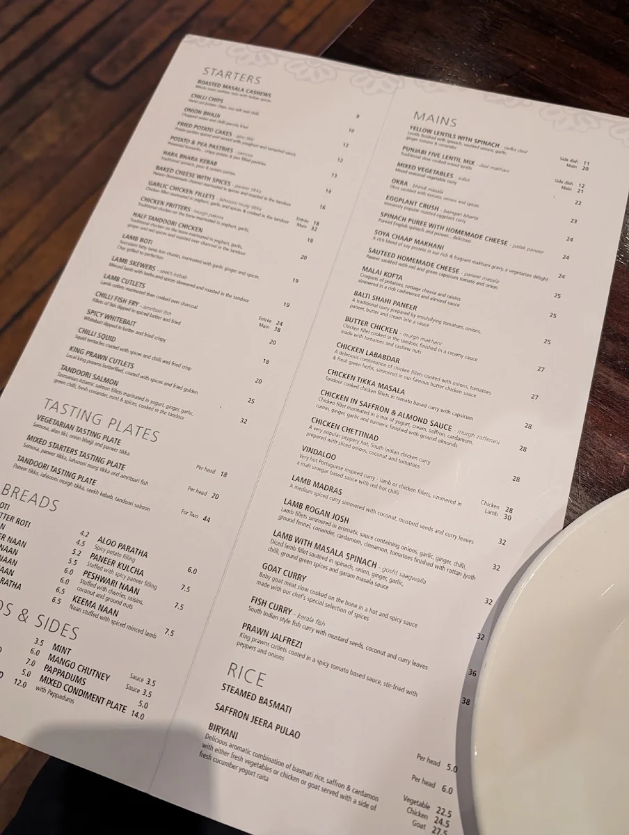 Menu, Balti Indian Restaurant