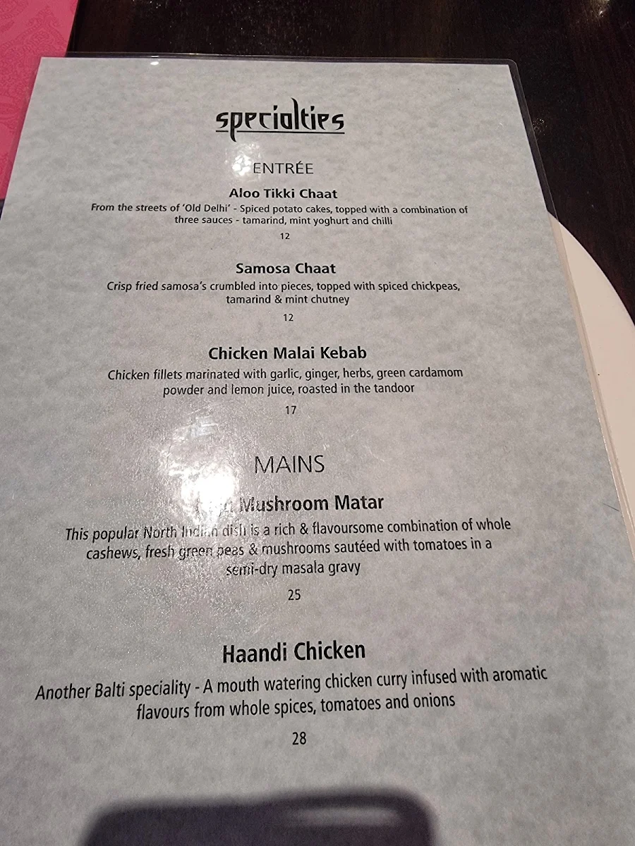 Menu, Balti Indian Restaurant