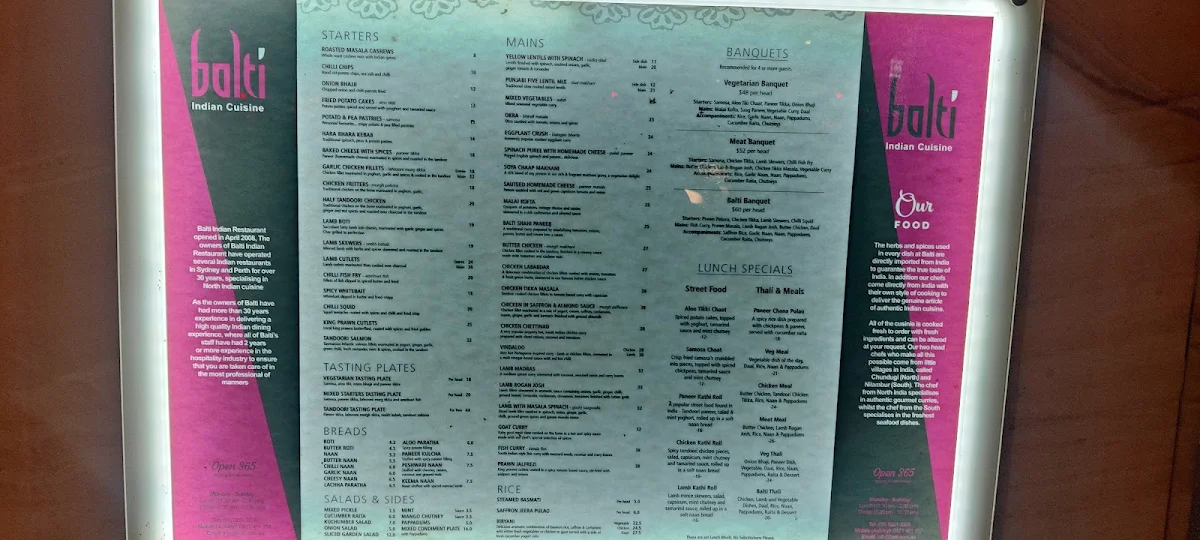 Menu, Balti Indian Restaurant