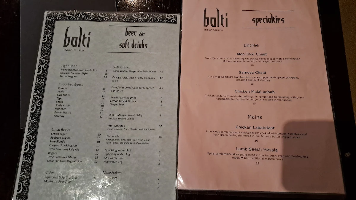 Menu, Balti Indian Restaurant