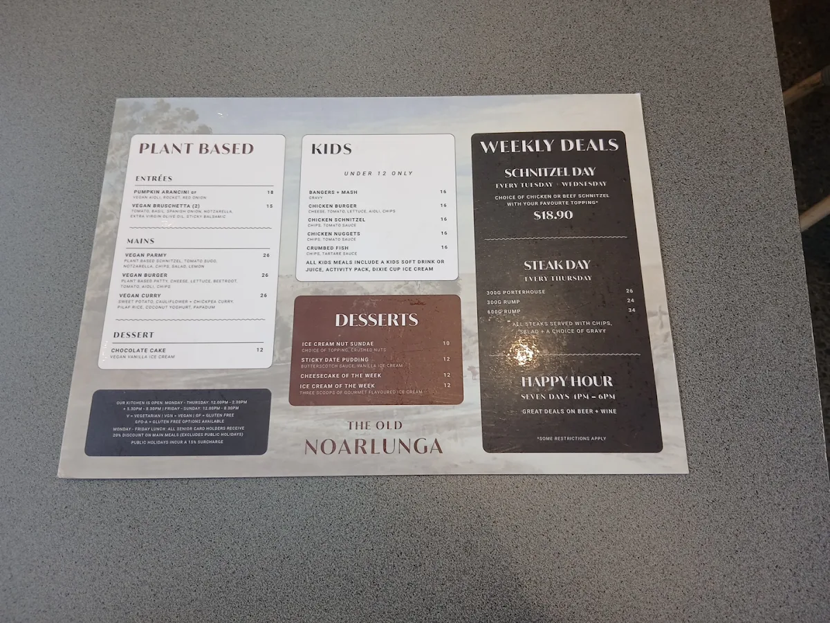 Menu, Old Noarlunga Hotel