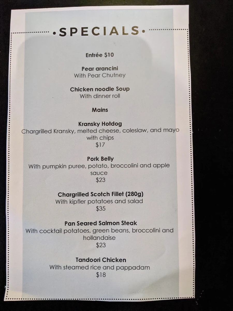 Menu, Avenues Café & Bar