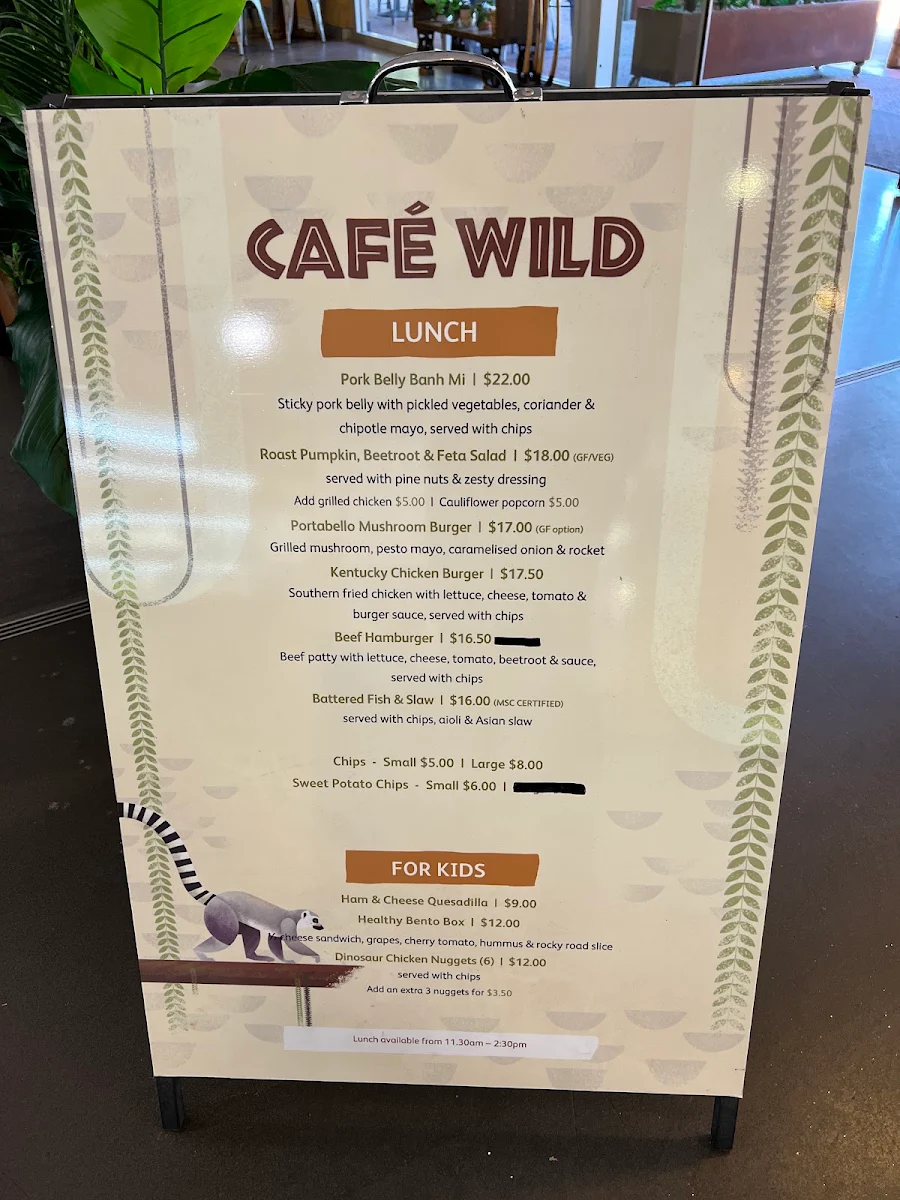 Menu, Cafe Wild, Taronga Western Plains Zoo