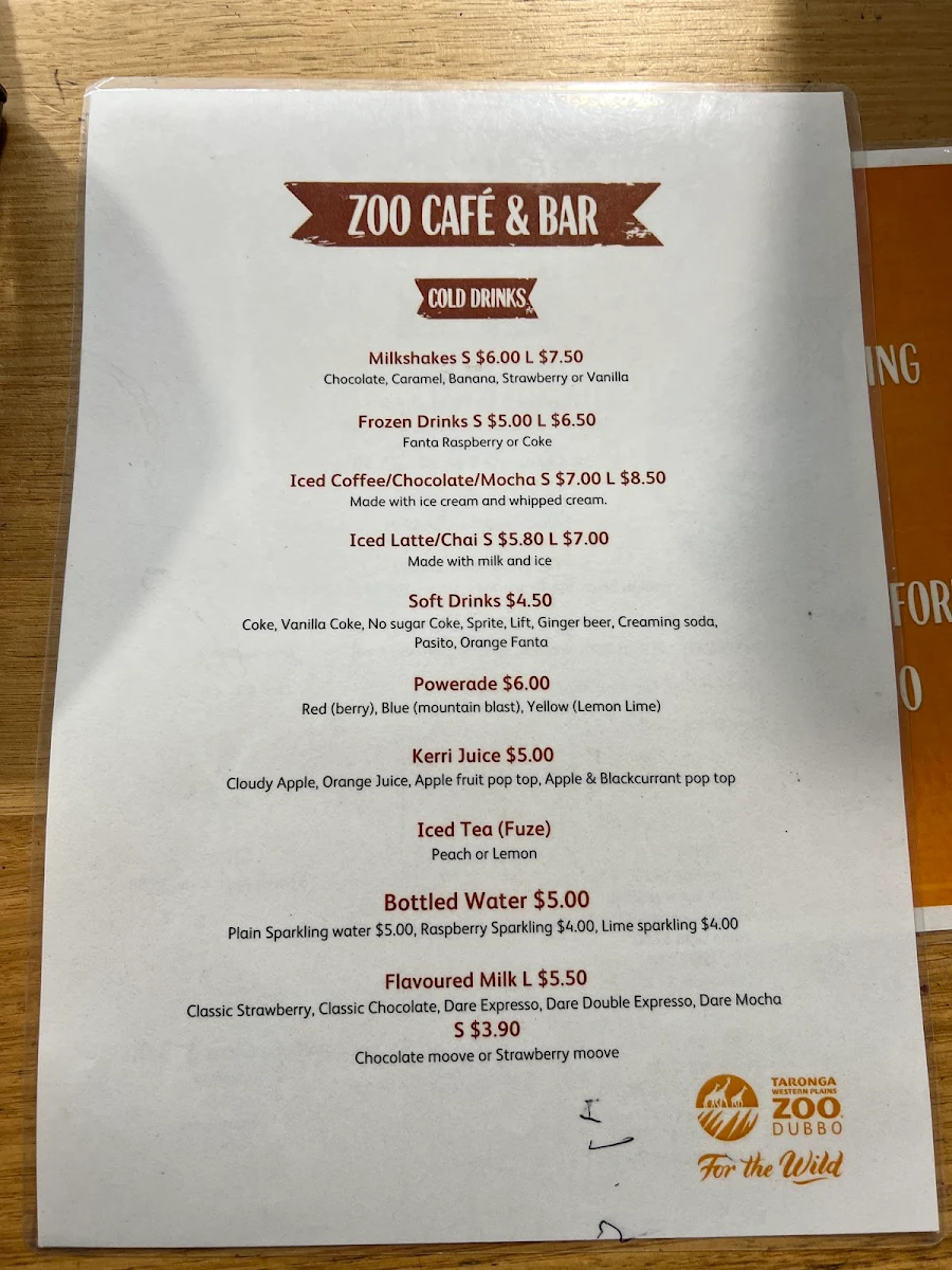 Menu, Cafe Wild, Taronga Western Plains Zoo