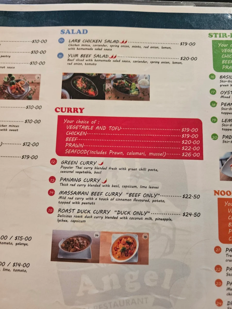 Menu, Angel Thai Restaurant