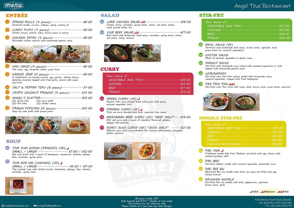 Menu, Angel Thai Restaurant