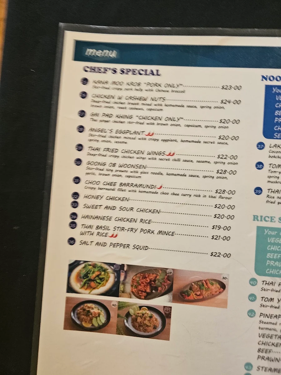 Menu, Angel Thai Restaurant