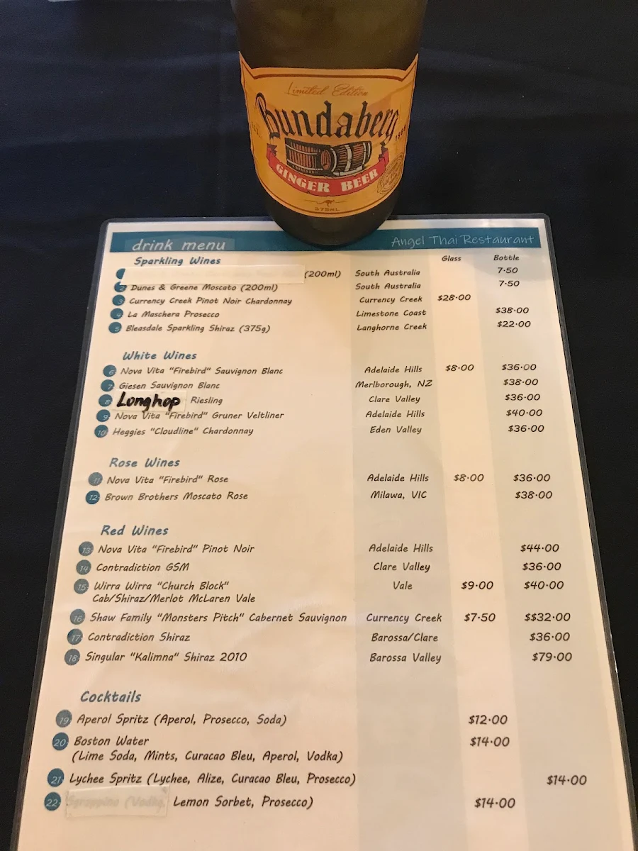 Menu, Angel Thai Restaurant