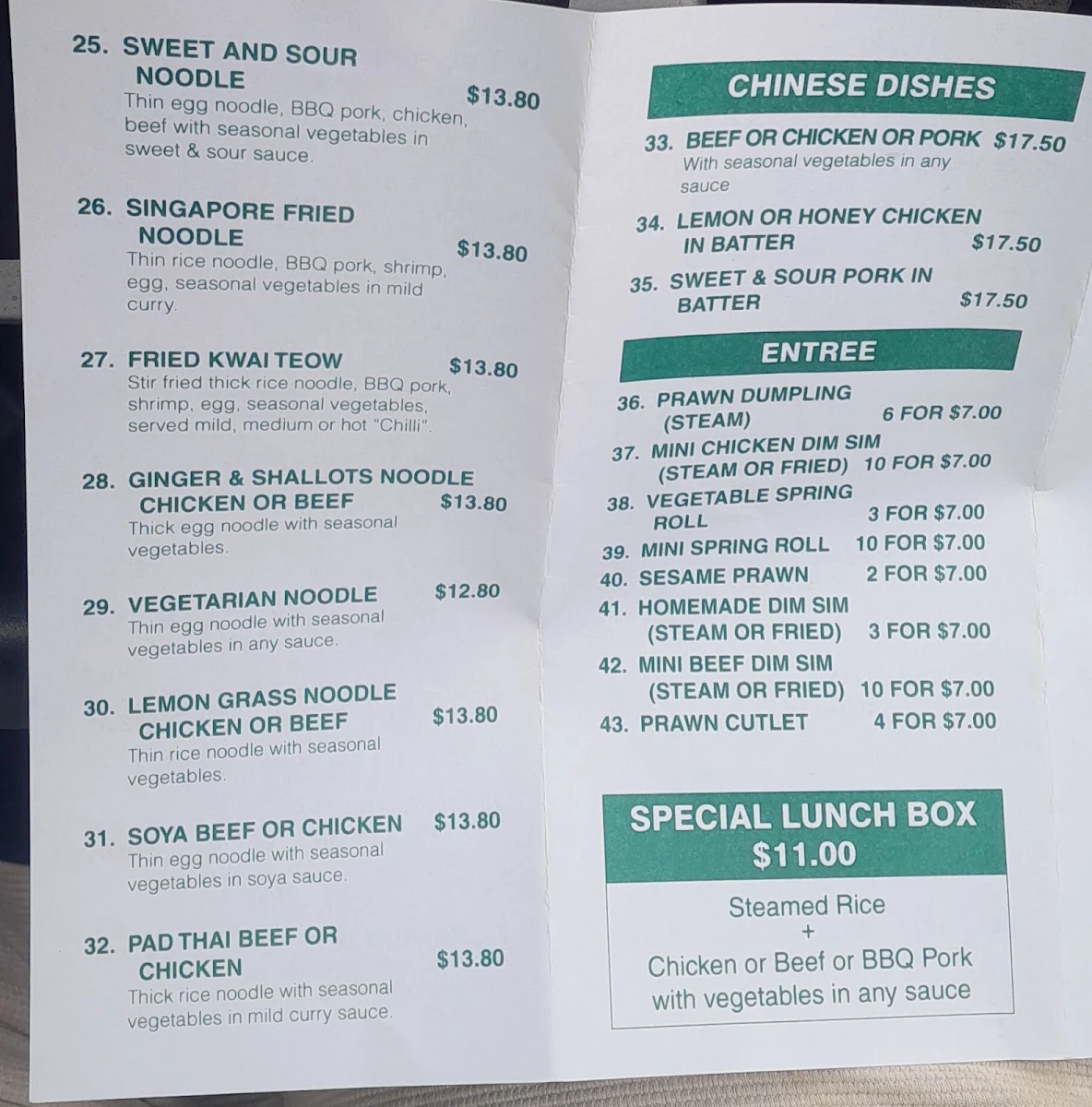 Menu, Noodle Box Takeaway