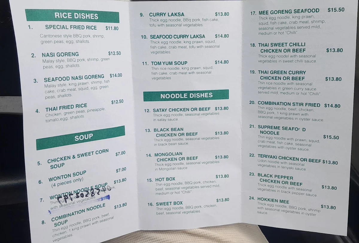 Menu, Noodle Box Takeaway