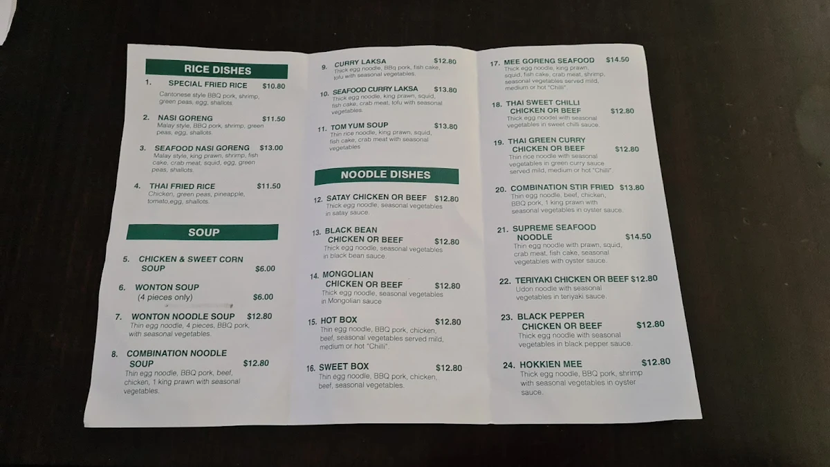 Menu, Noodle Box Takeaway