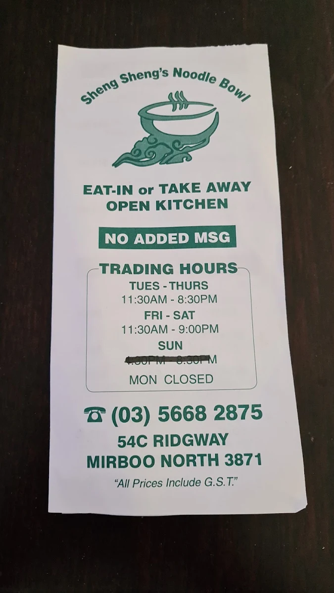 Menu, Noodle Box Takeaway