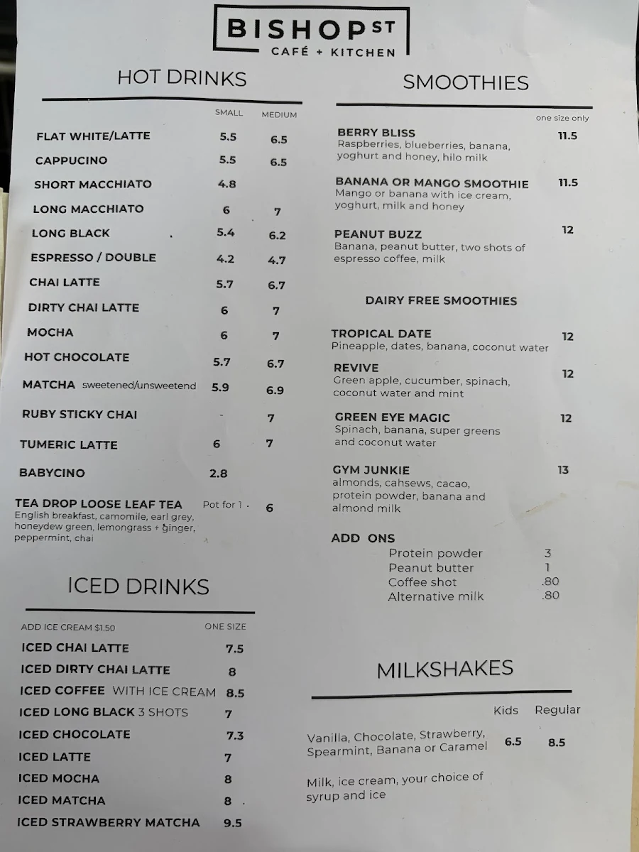 Menu, Bishop Street Cafe