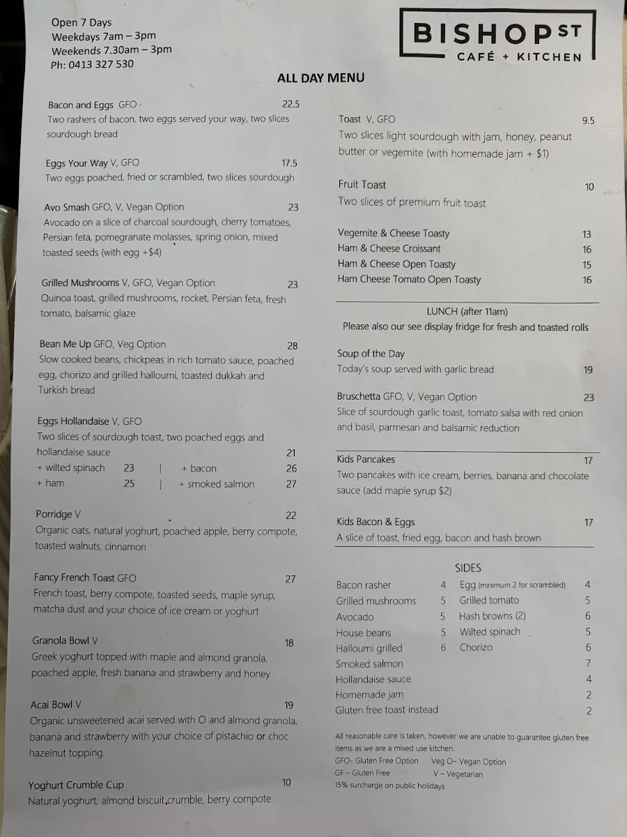 Menu, Bishop Street Cafe