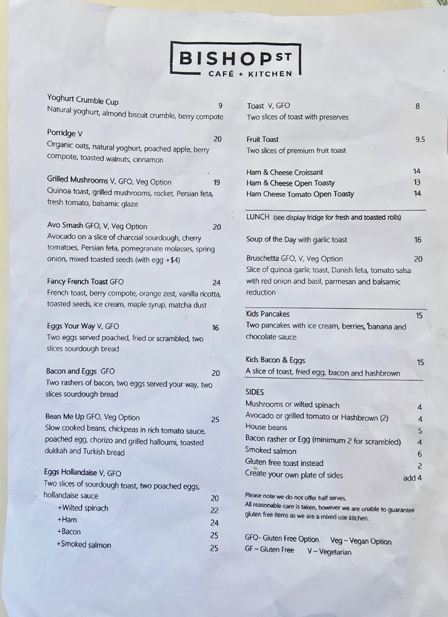 Menu, Bishop Street Cafe