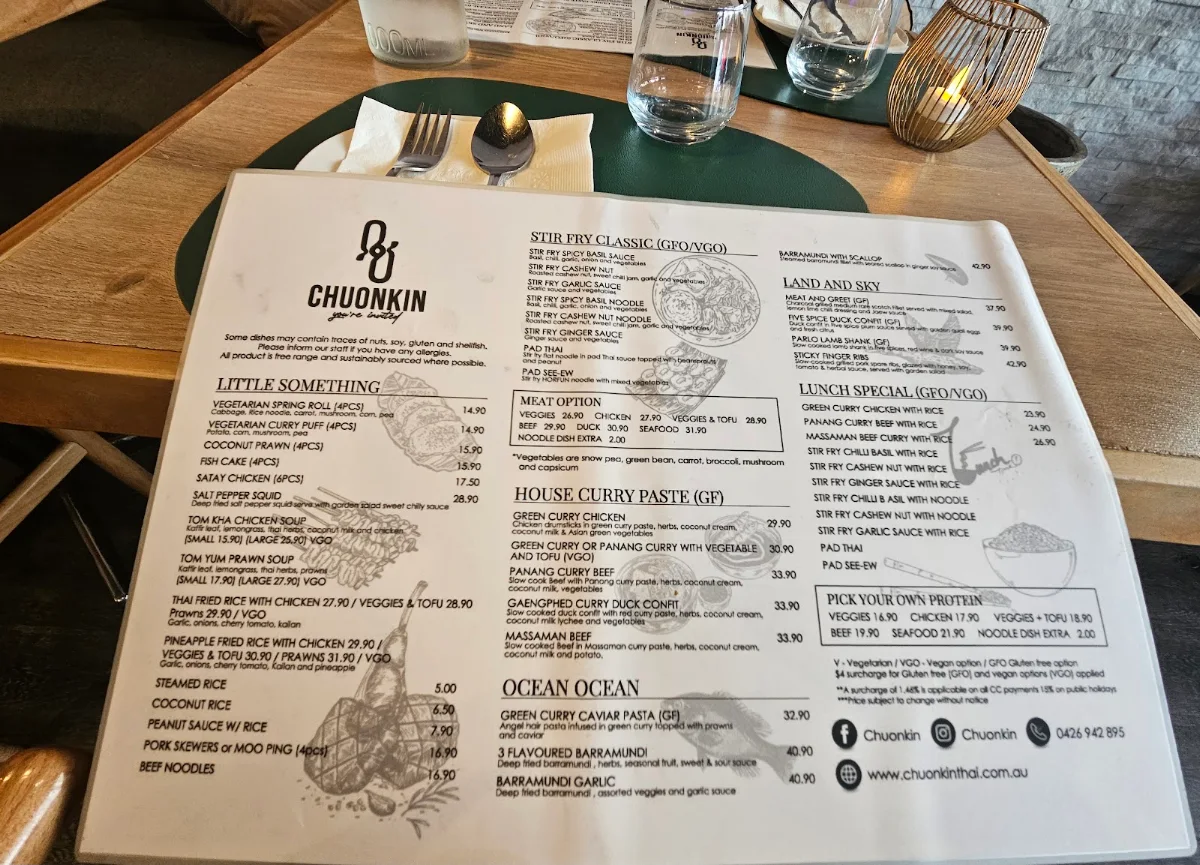 Menu, Chuonkin Thai Restaurant