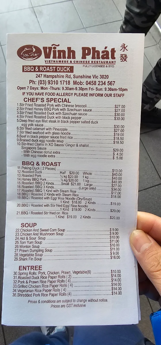 Menu, Vinh Phat