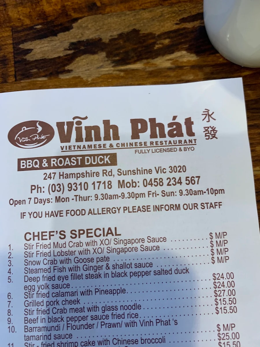 Menu, Vinh Phat