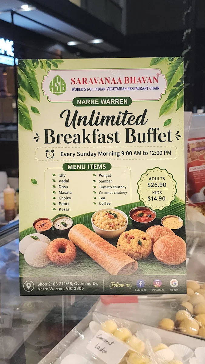 Menu, Saravanaa Bhavan Narre Warren