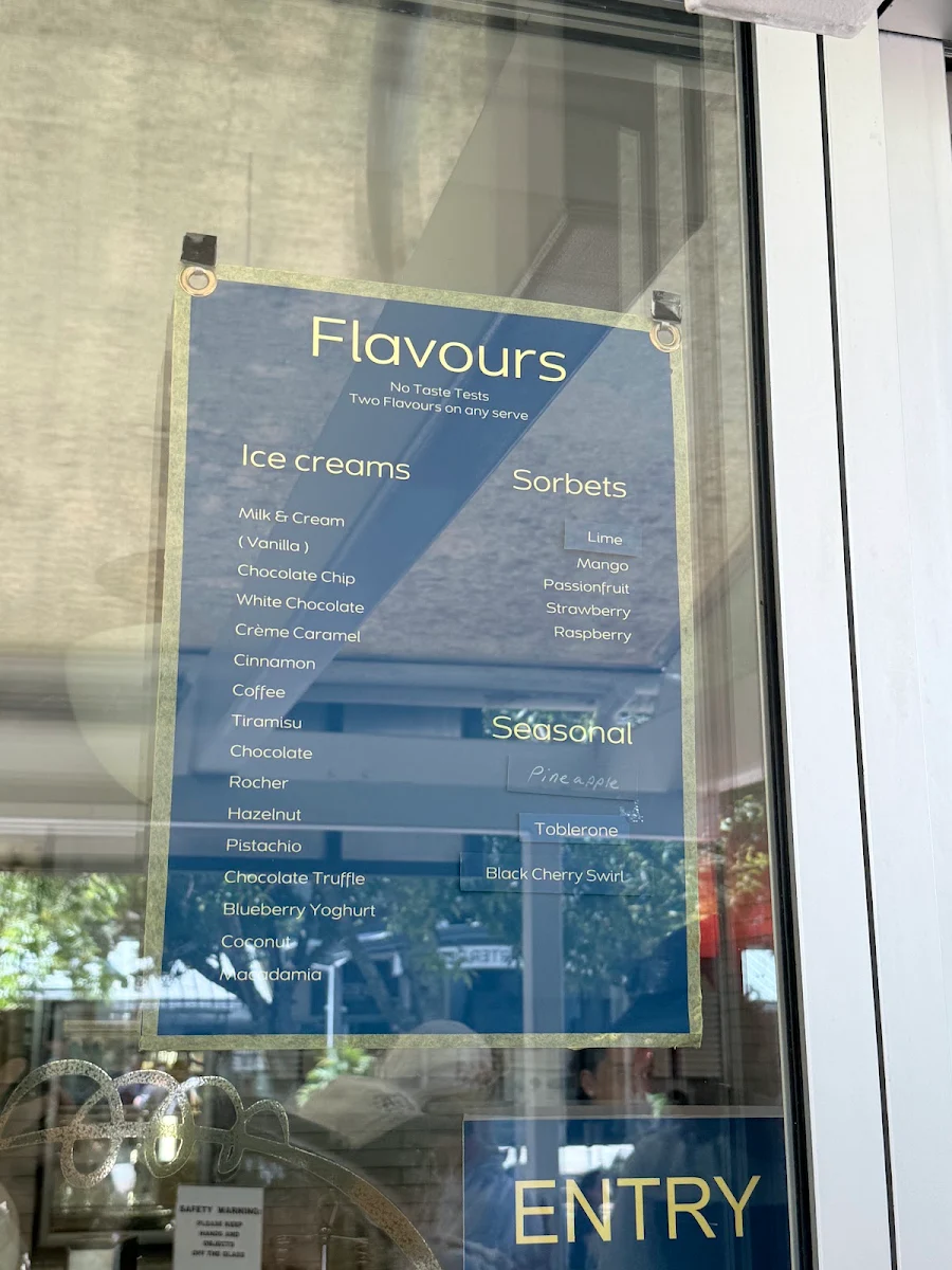 Menu, Massimo's Gelateria