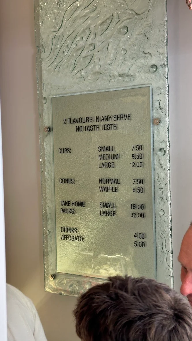 Menu, Massimo's Gelateria