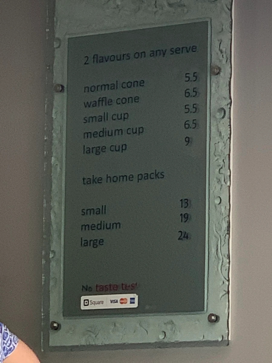 Menu, Massimo's Gelateria