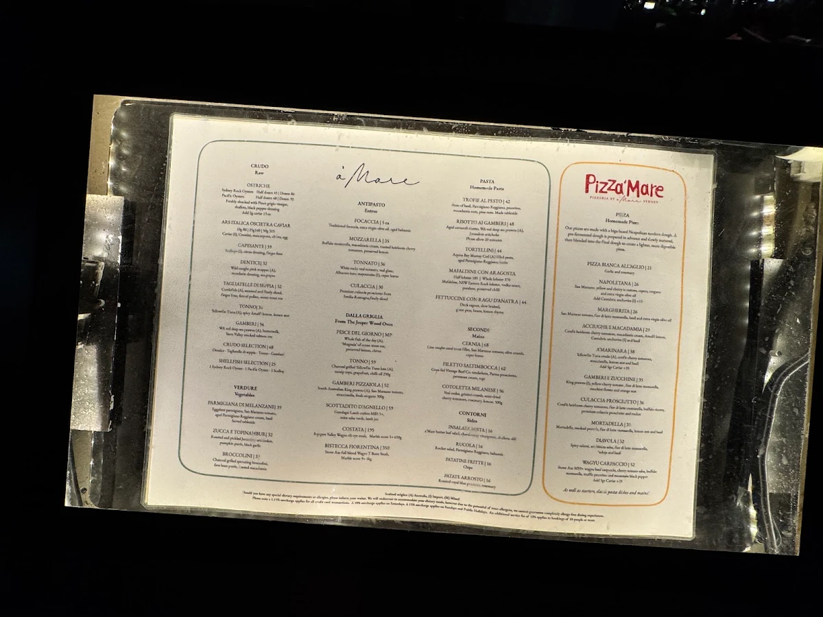 Menu, Pizza'Mare