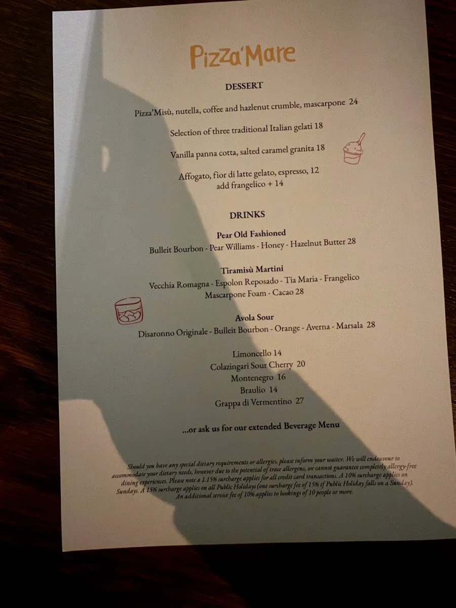 Menu, Pizza'Mare