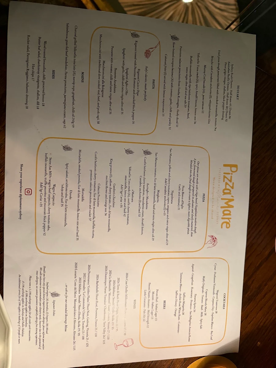 Menu, Pizza'Mare
