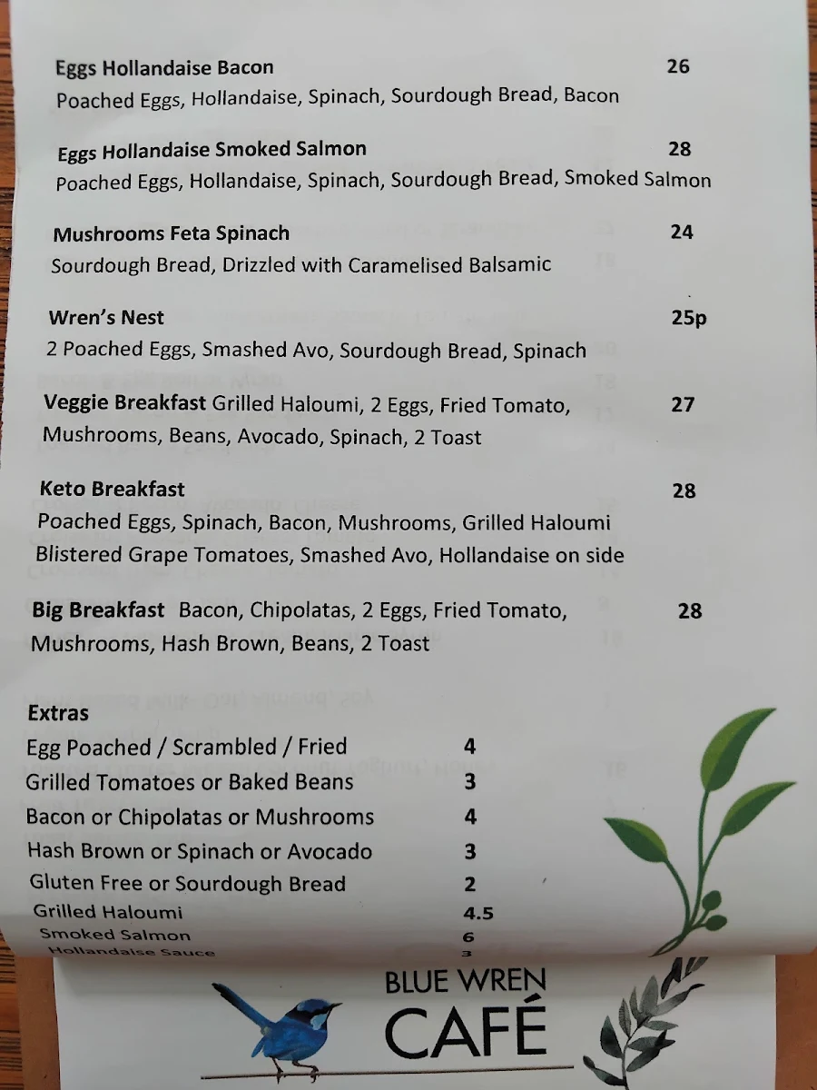 Menu, Blue Wren Cafe Dwellingup