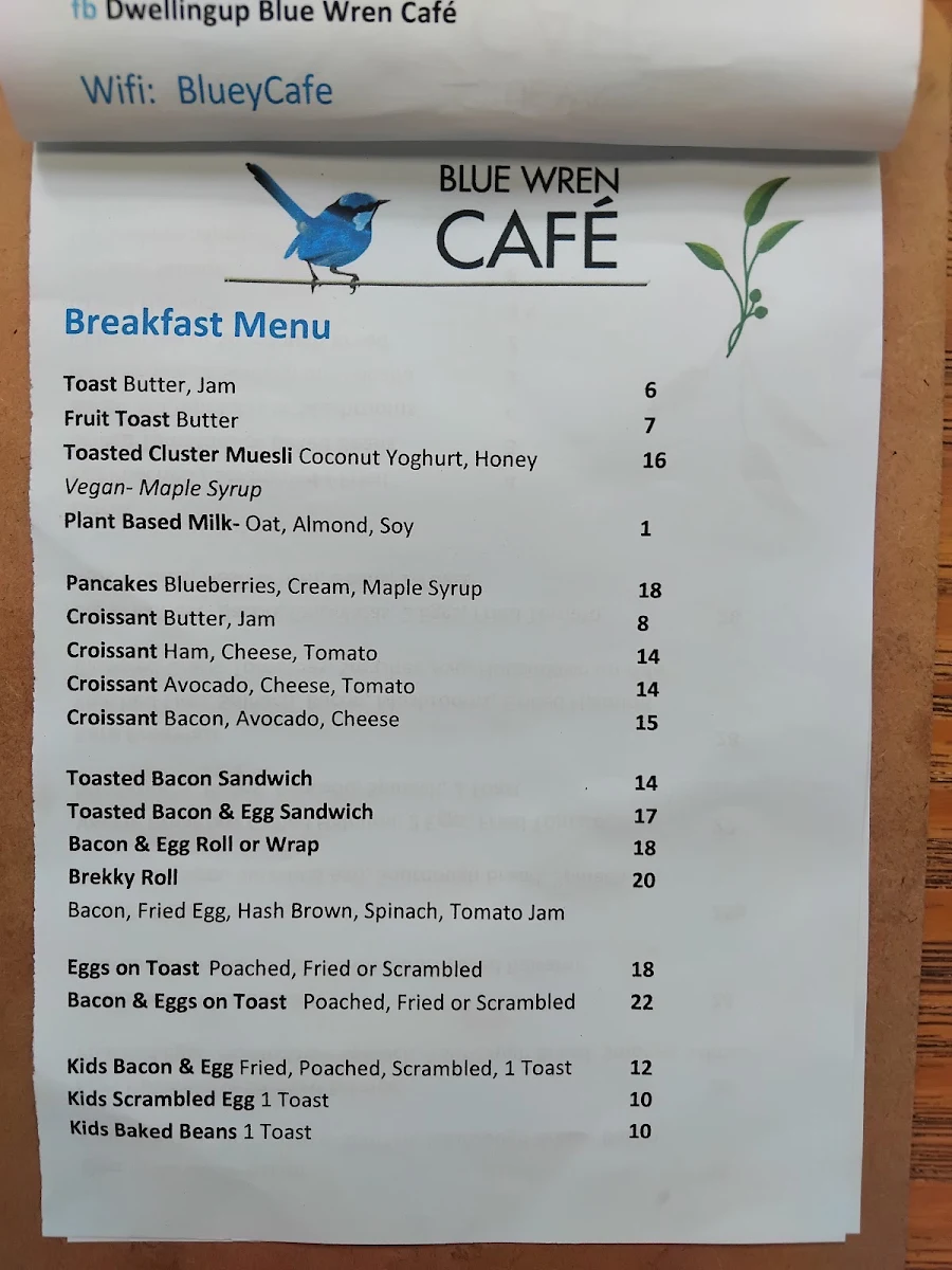 Menu, Blue Wren Cafe Dwellingup