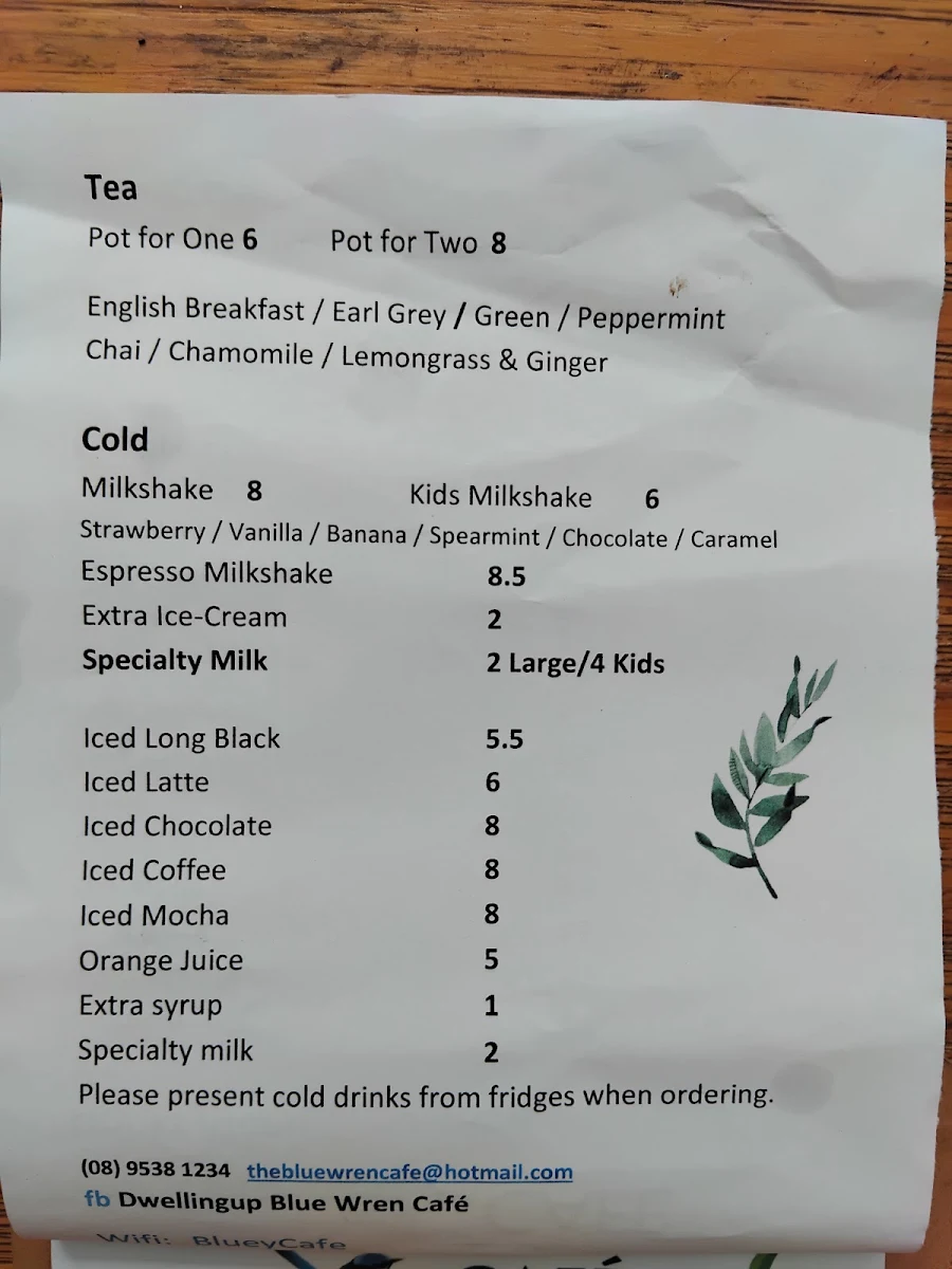 Menu, Blue Wren Cafe Dwellingup