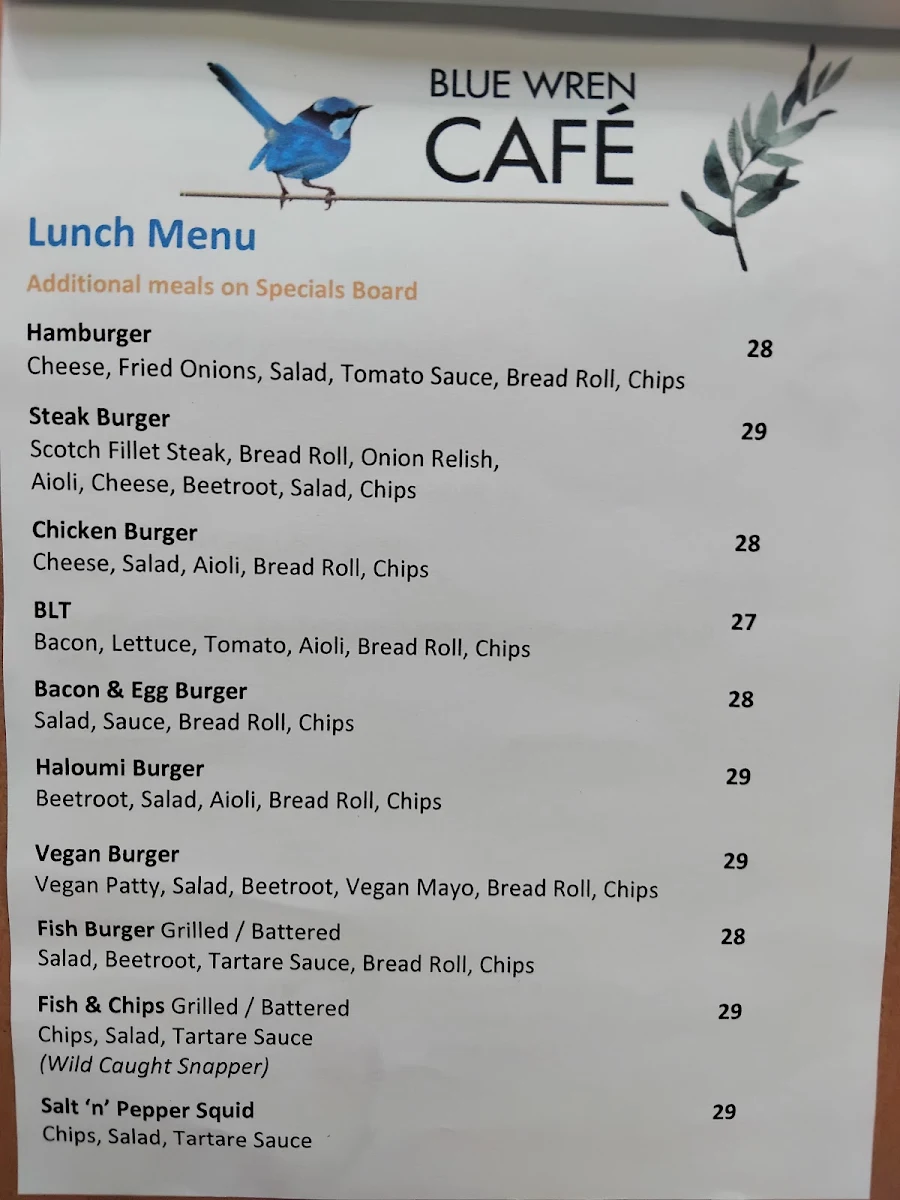 Menu, Blue Wren Cafe Dwellingup