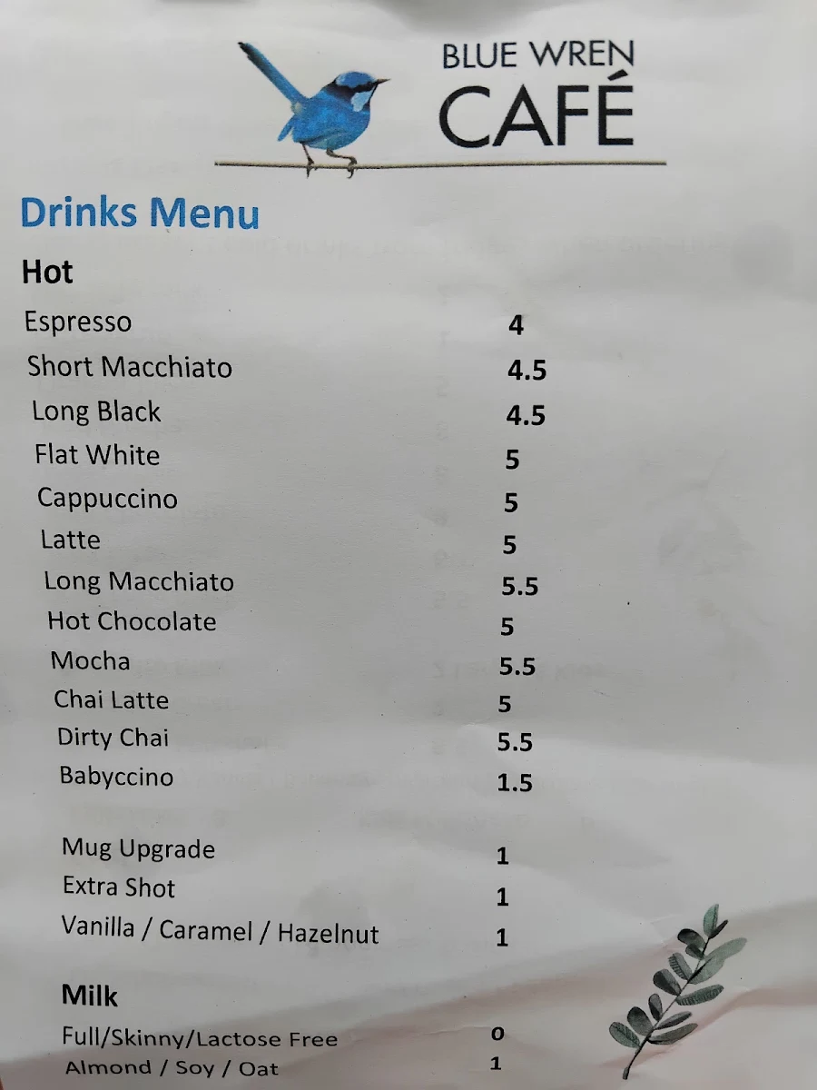 Menu, Blue Wren Cafe Dwellingup