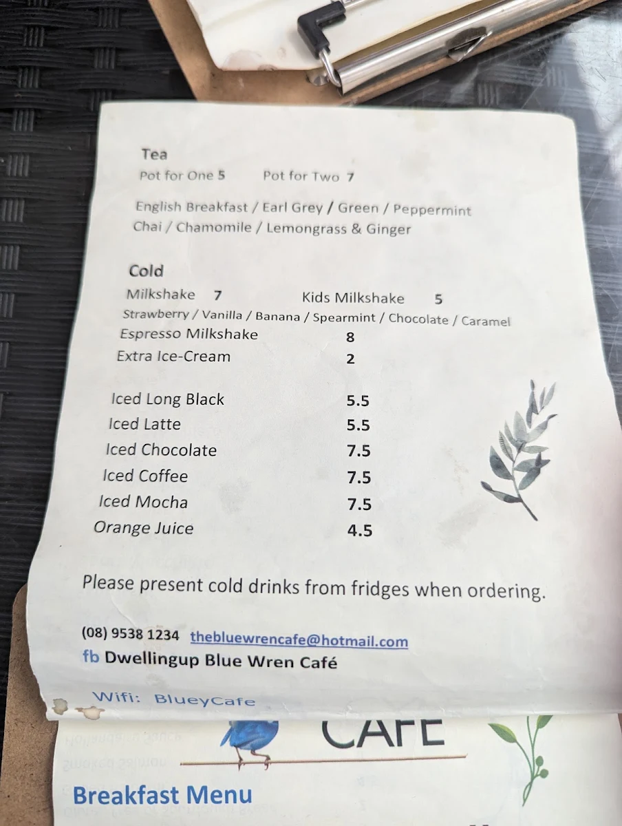 Menu, Blue Wren Cafe Dwellingup