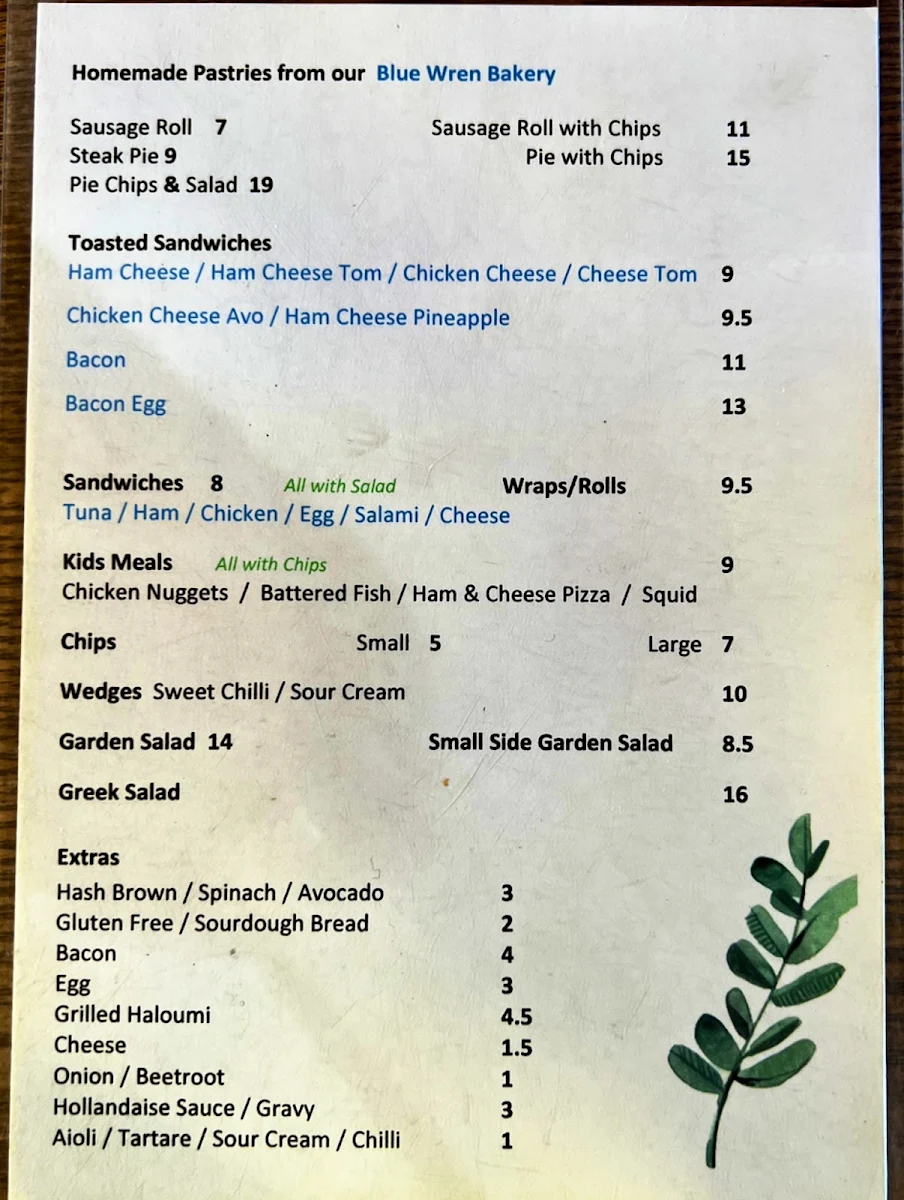 Menu, Blue Wren Cafe Dwellingup