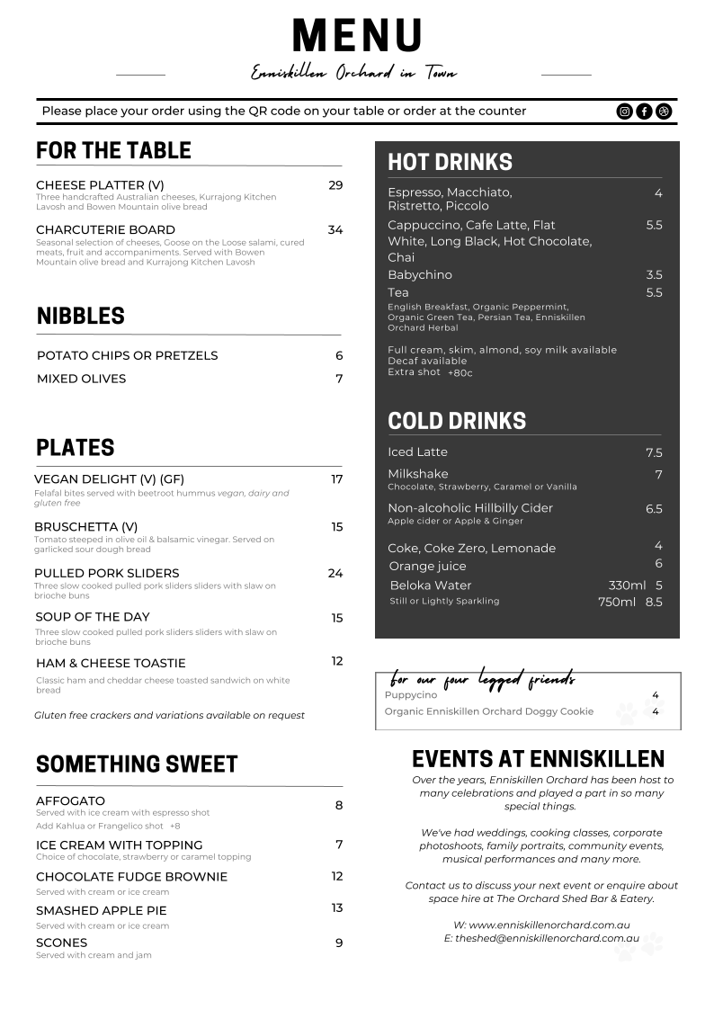 Menu, Enniskillen Orchard