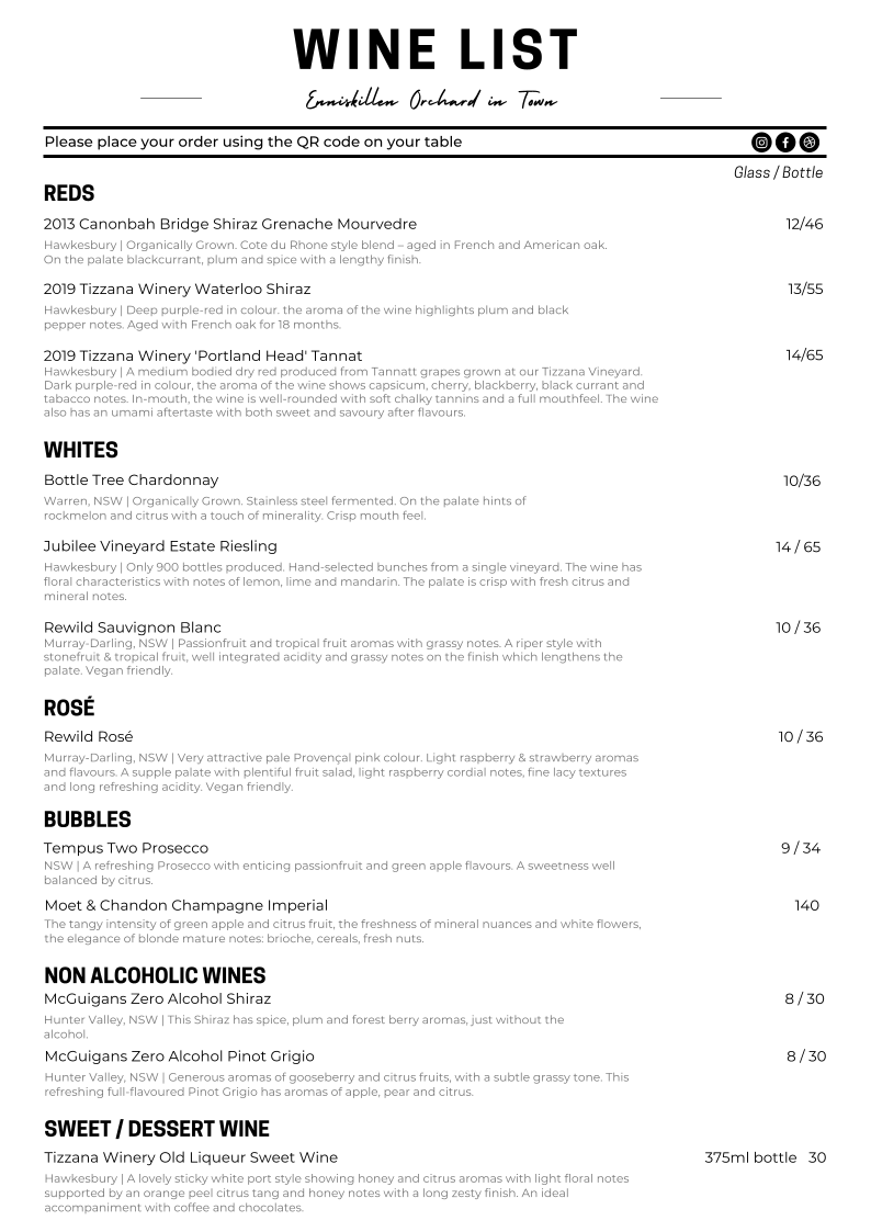 Menu, Enniskillen Orchard