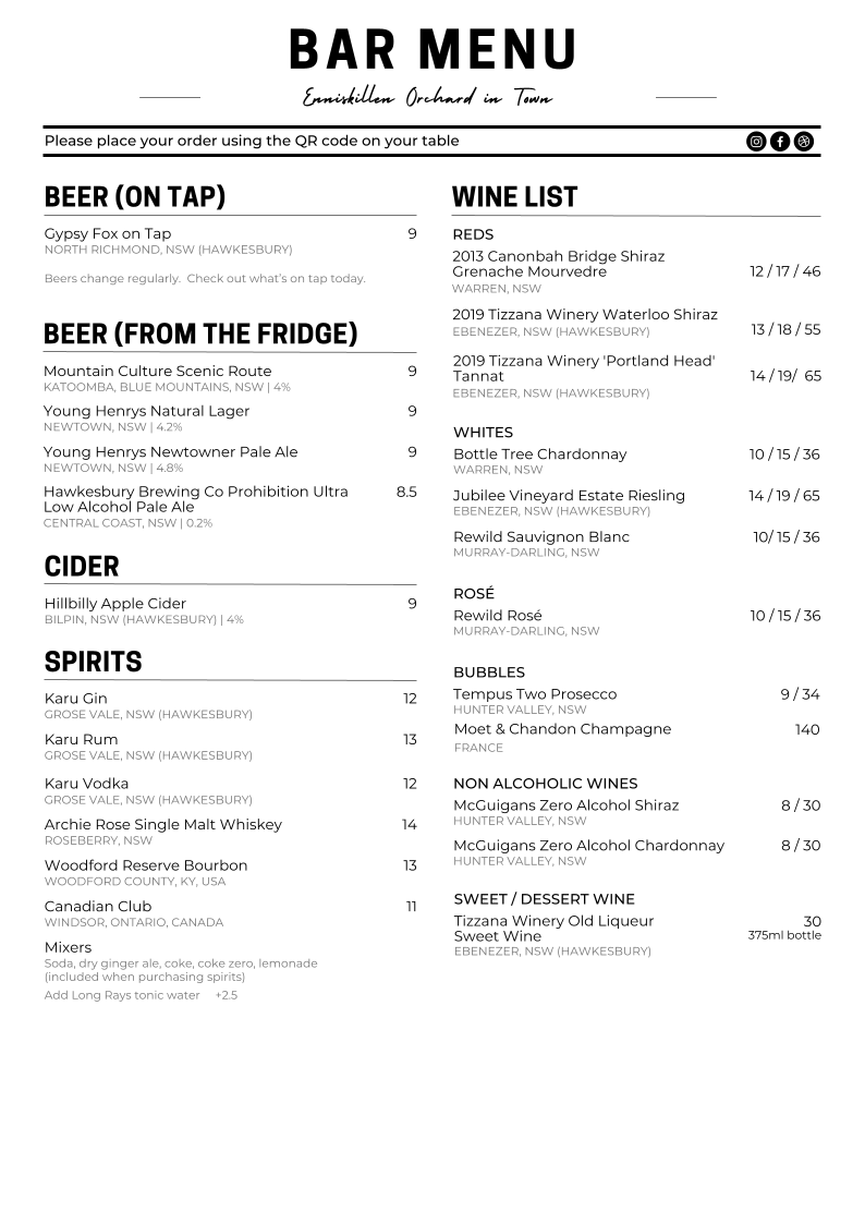 Menu, Enniskillen Orchard
