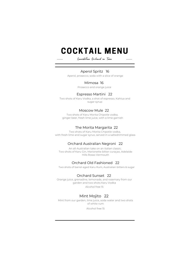 Menu, Enniskillen Orchard
