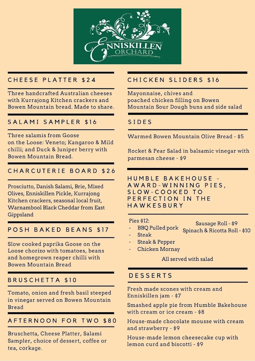Menu, Enniskillen Orchard