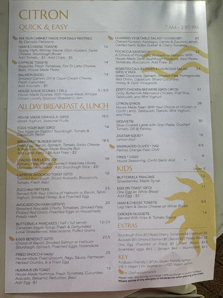 Menu, Citron Bayside