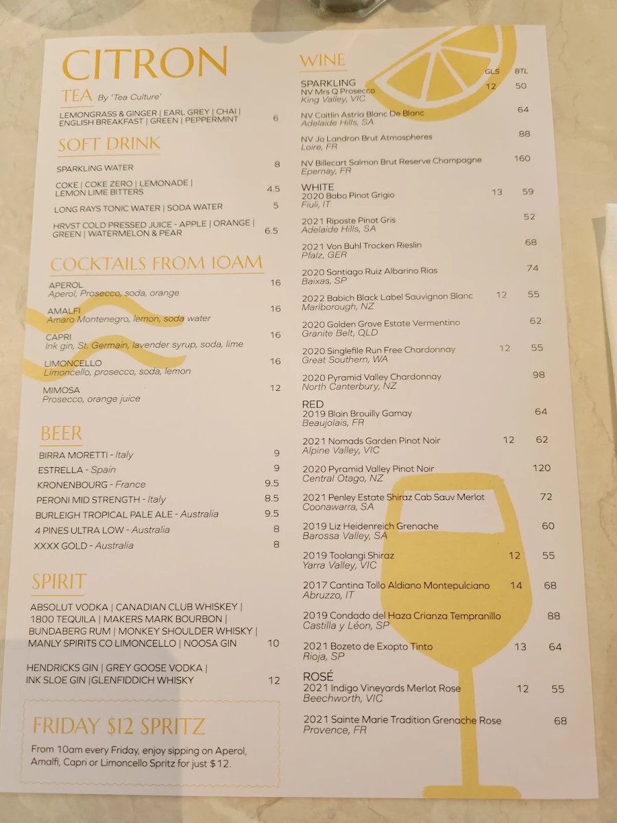 Menu, Citron Bayside