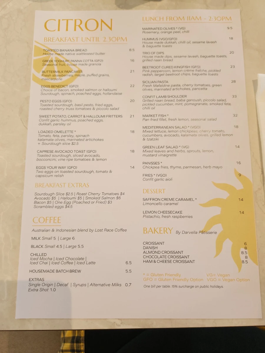 Menu, Citron Bayside