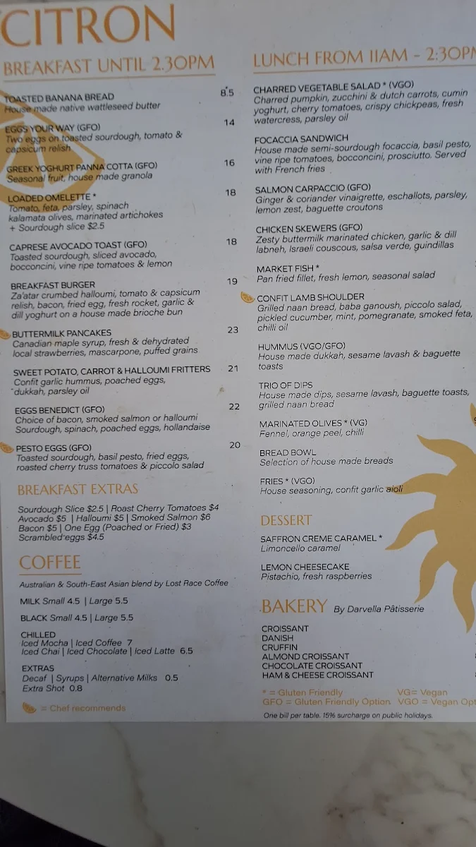 Menu, Citron Bayside
