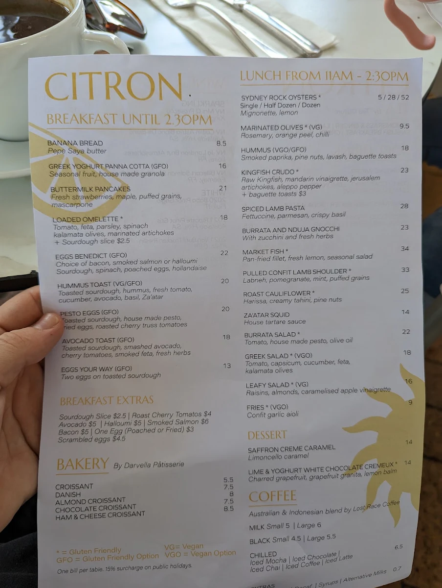 Menu, Citron Bayside