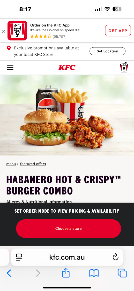 Menu, KFC Gungahlin