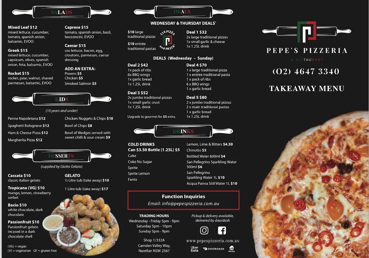 Menu, Pepe's Pizzeria & Restaurant (Narellan)